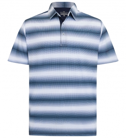 shs24mt800 Blue and white striped short-sleeve polo shirt with a collar and two buttons.