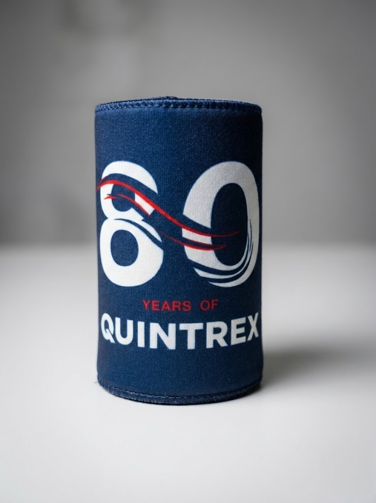 Navy blue can cooler with 60 Years of Quintrex—ideal promotional product in Brisbane.