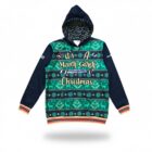 Green and navy Sublimated Hoodie with It’s a Mardi Gadi Christmas text and festive patterns.