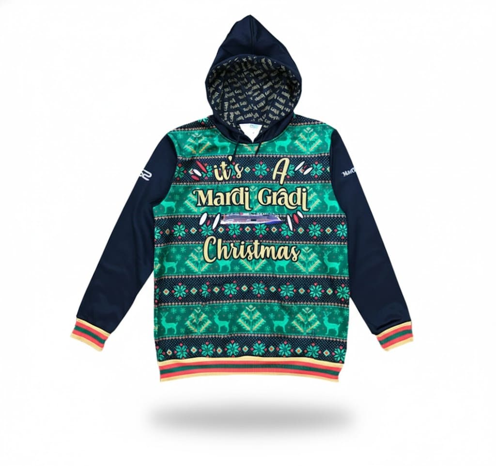 Green and navy Sublimated Hoodie with It’s a Mardi Gadi Christmas text and festive patterns.