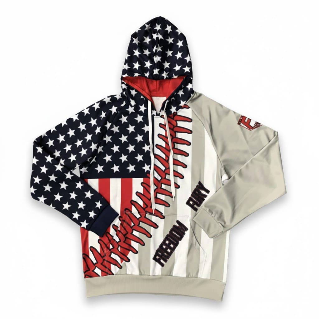 sublimated hoodies Sublimated Hoodies with stars and stripes flag design and red baseball stitching accents.
