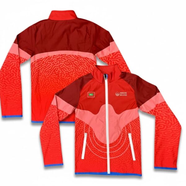 Red and pink zip-up jacket with abstract patterns and logos on the front and back.