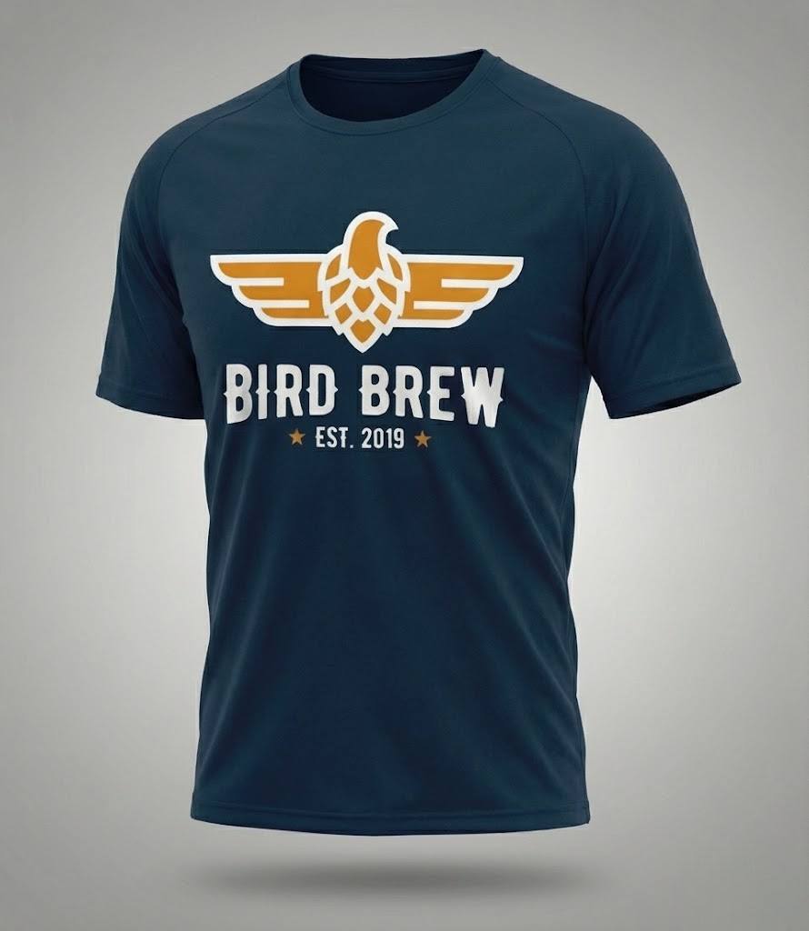 Navy t-shirt with a gold bird logo—perfect as promotional products in Brisbane.