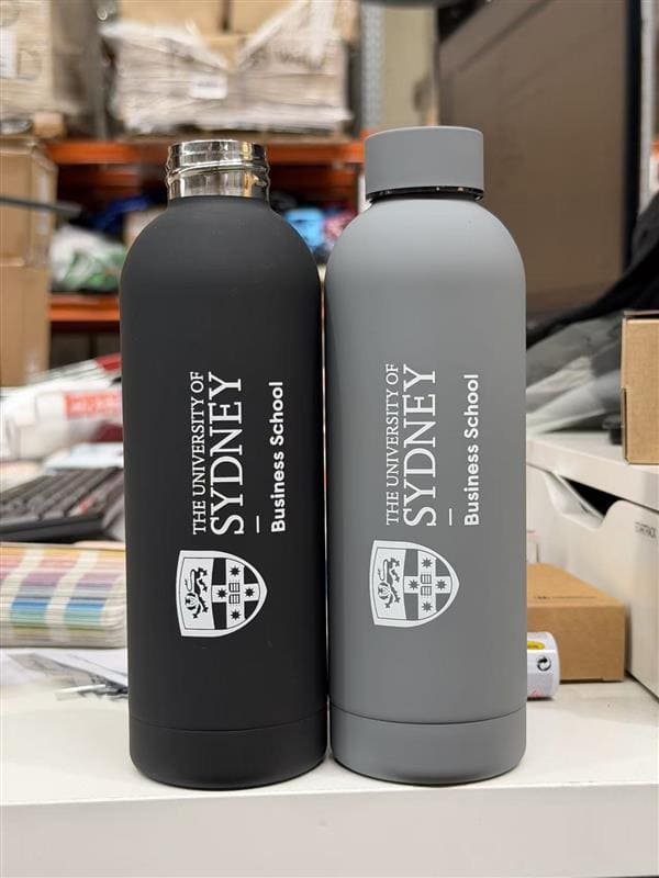 grey and black drink bottles branded with The University of Sydney logo