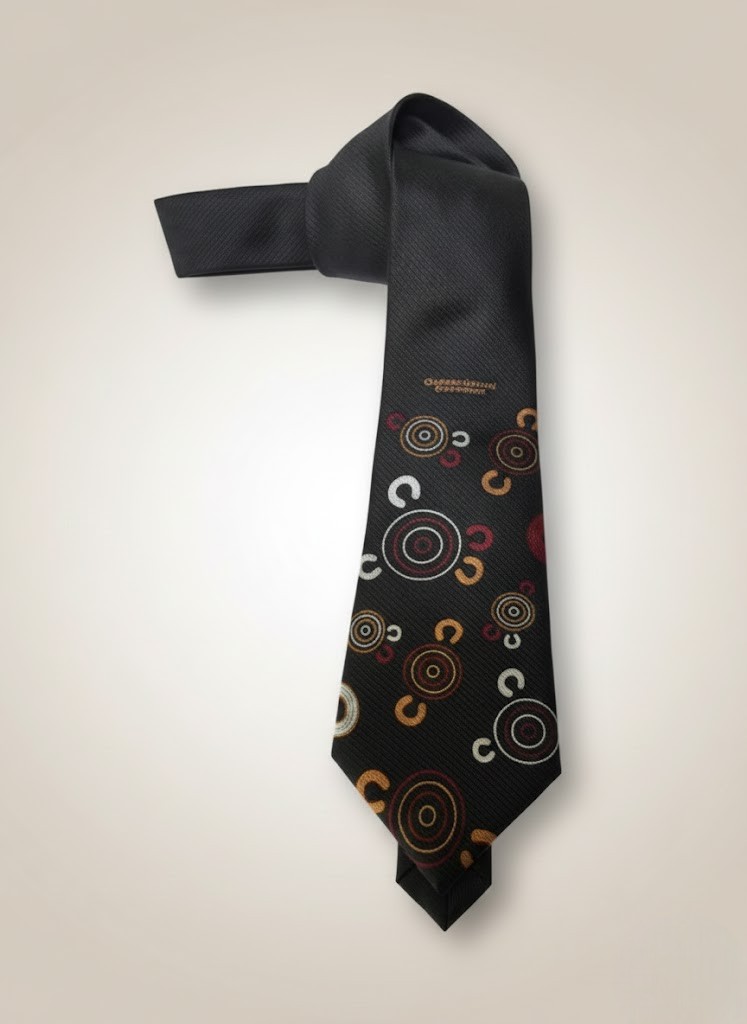 Black tie featuring vibrant circular patterns, inspired by Aboriginal artists' custom merchandise.