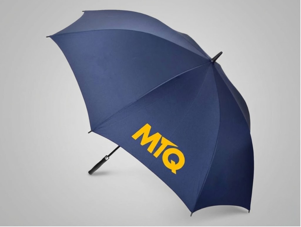 A navy blue umbrella with MTQ lettering—ideal as promotional products in Brisbane.