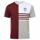 Grade 6 School Leaver Tee: maroon, white, gray blocks, stripes & blue crest logo.