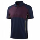 Year 12 School Leaver Polos: short sleeves, dark purple top, navy base, yellow side stripes.