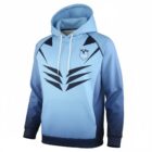 Year 12 School Leaver Hoodie in light blue with dark blue patterns and chest logo, front view.