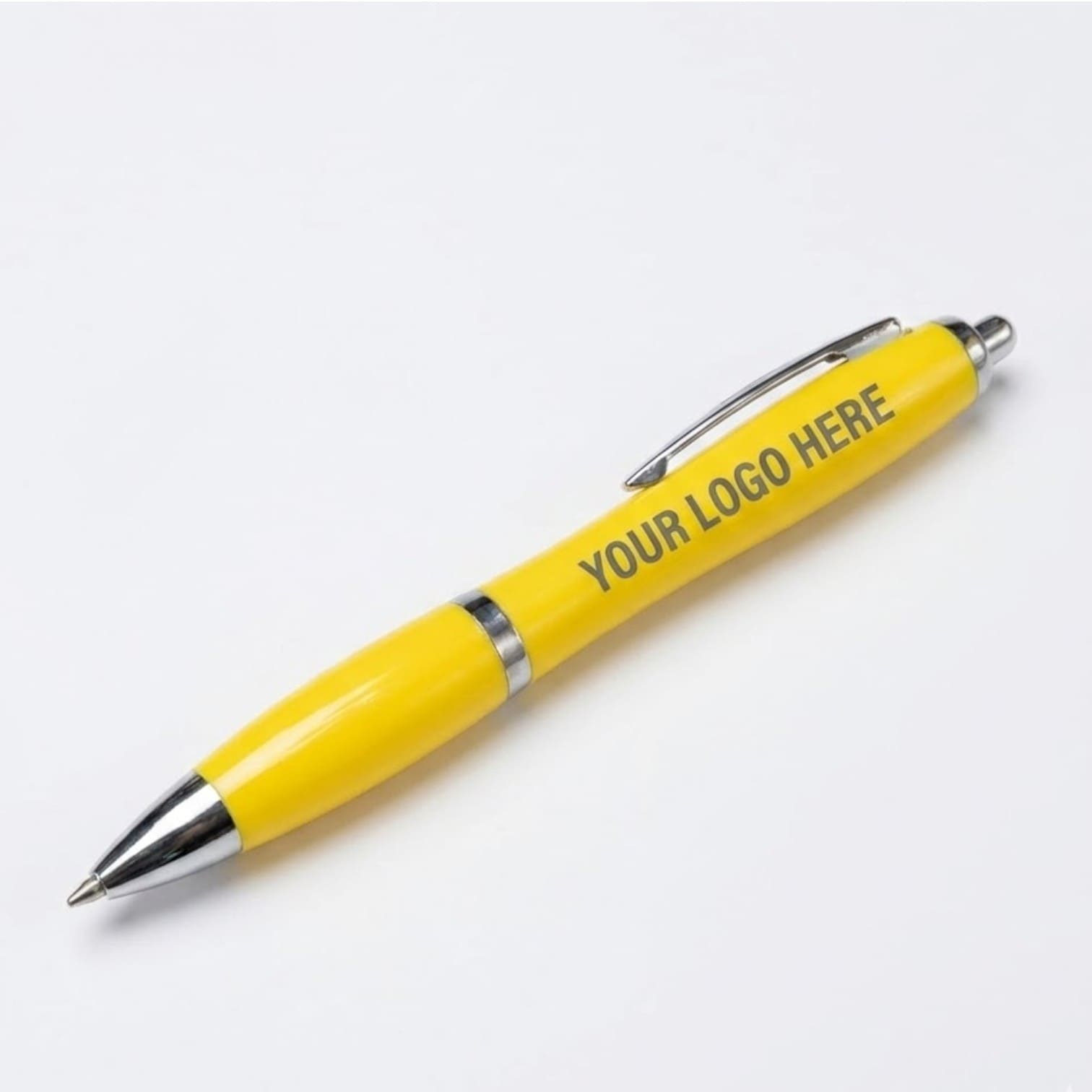 Yellow pen with silver accents, ideal for promotional items, YOUR LOGO HERE on the side.