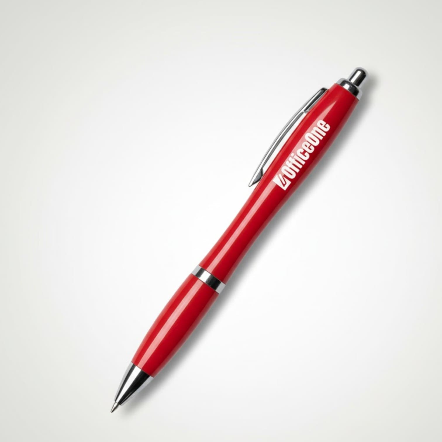 Red promotional ballpoint pen with a silver clip and OfficeOne written on the barrel.