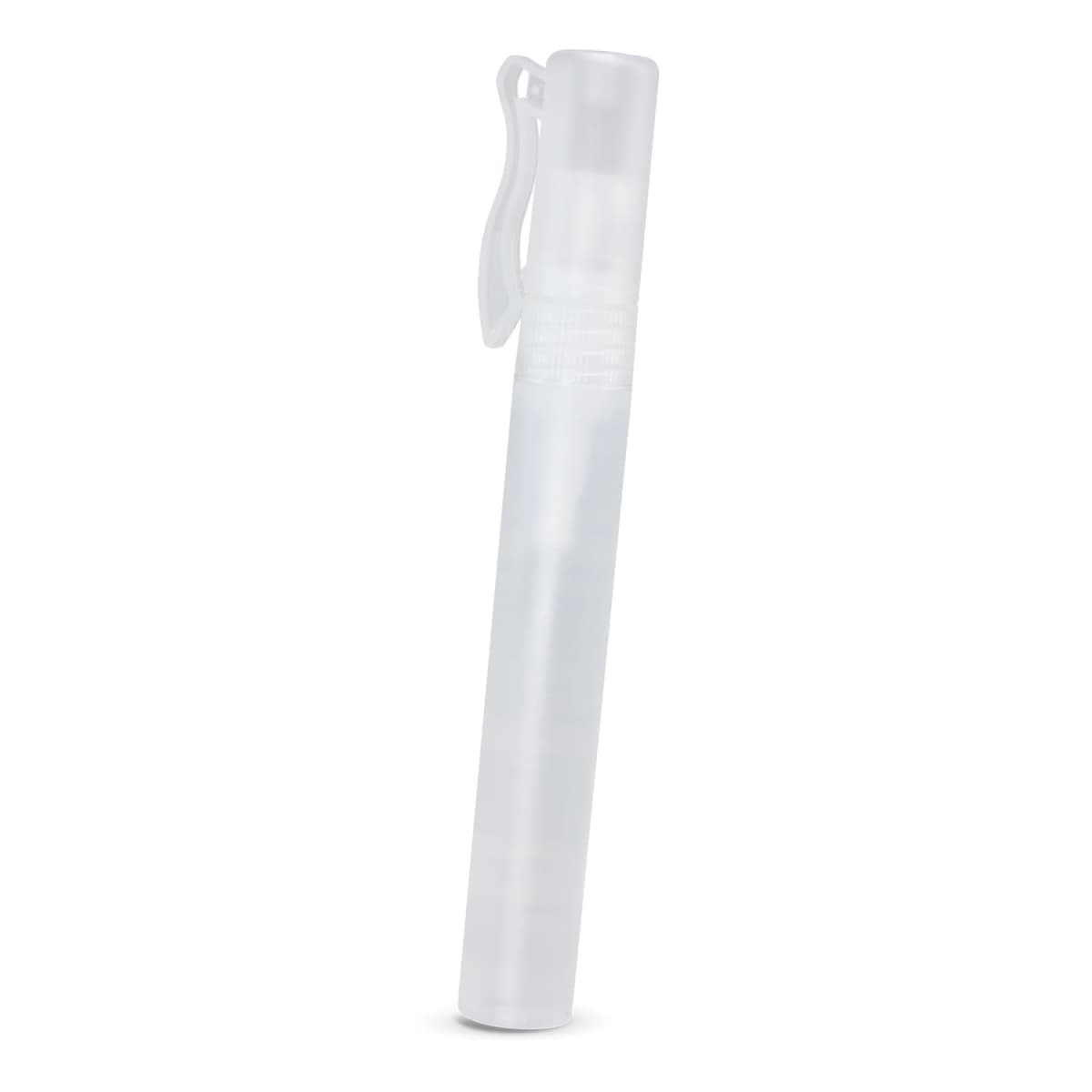 Clear plastic spray bottle with a clip, standing upright on a white background.
