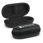 Two black zippered eyeglass cases, one open showing interior, one closed with logo.