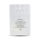 Clear, rectangular hand sanitizer spray bottle with printed instructions and ingredients on the front.