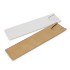 Two rectangular paper sleeves, one white and one brown, with curved openings.