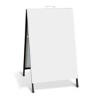 A blank white sandwich board sign with a black frame standing on the ground.