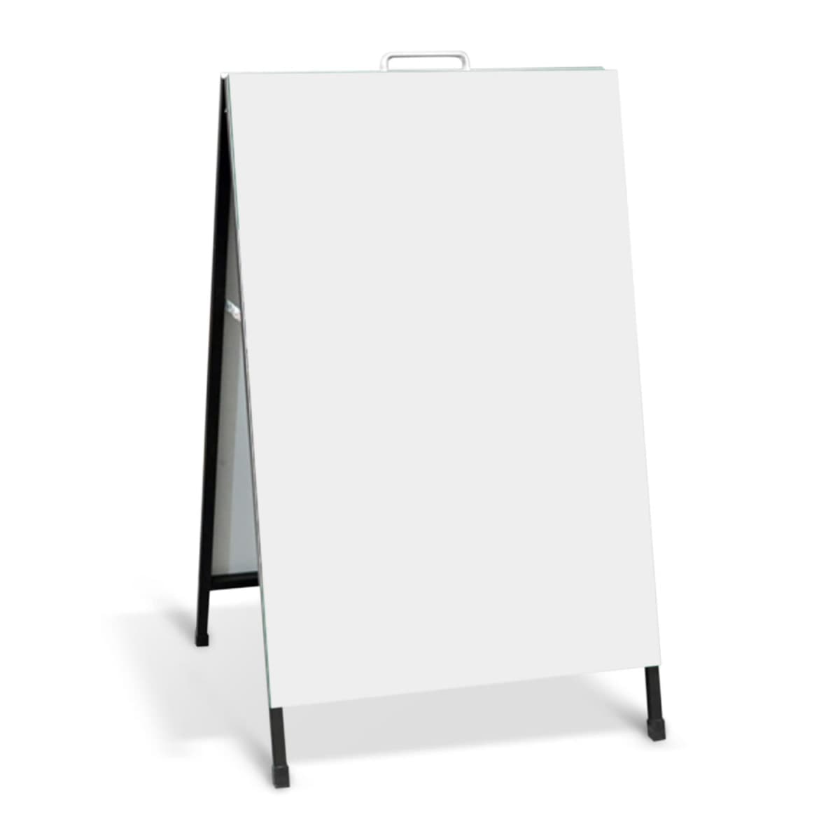 A blank white sandwich board sign with a black frame standing on the ground.