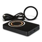 Black portable wireless charger with a USB-C cable and a magnetic ring attachment.