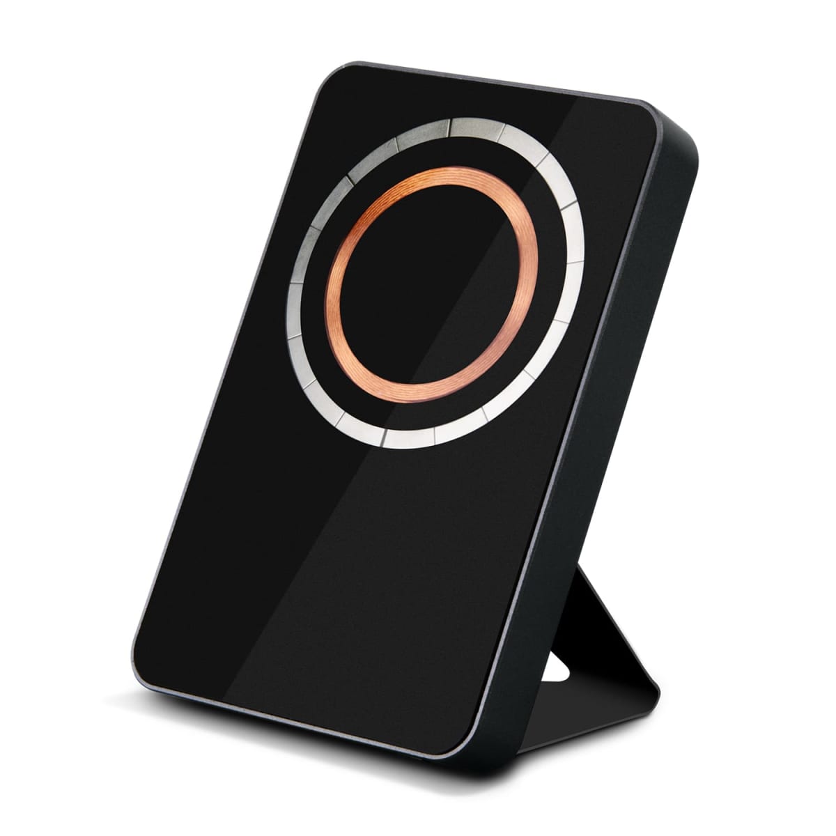 Black wireless phone charger with a copper ring, standing upright on a built-in stand.