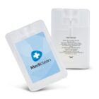 Two pocket-sized bottles of MediClean hand sanitizer, front and back views.