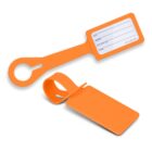 Two orange luggage tags, one showing a blank info card, the other showing the back side.