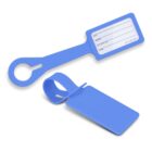 Two blue silicone luggage tags, one open showing a name label, one closed.