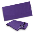 Two purple towels, one folded and one flat, each with a metal carabiner attached.