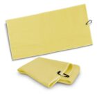 Two yellow towels with metal clips, one laid flat and one folded.