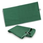 Green waffle-textured towel with a metal clip, shown flat and folded.