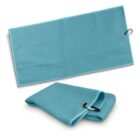 Two blue microfiber towels, one folded and one unfolded, each with a metal clip attached.