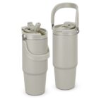 Two tall, beige travel mugs with folding handles and flip-top lids are shown side by side.