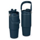Two navy blue travel mugs with handles and closed lids, standing side by side.