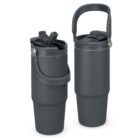 Two dark gray travel mugs with handles and flip-top lids, one shown open and one closed.