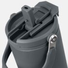 Close-up of a gray water bottle lid with a flip-top spout and sturdy handle.