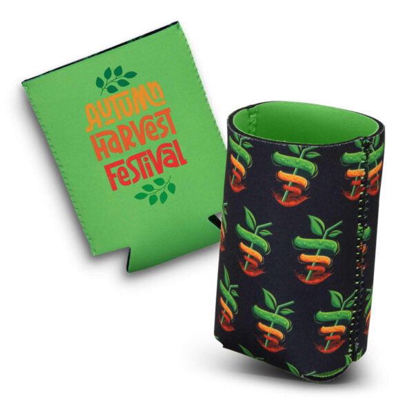 Green can cooler with Autumn Harvest Festival text and apple pattern on the side.