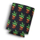 Black can cooler with a colorful apple design pattern featuring green, orange, and red stripes.