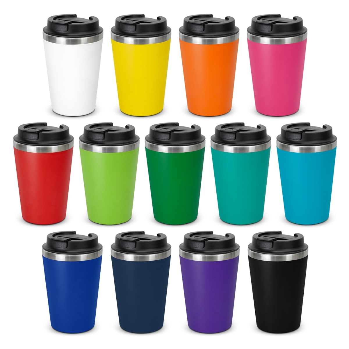 127778-0-20250211130232.jpg Twelve reusable coffee cups in various colors, each with a black lid, arranged in rows.