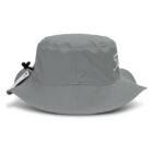 Gray wide-brim bucket hat with a chin strap and a small white logo on the side.