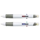 Two multi-color retractable pens with gray grips and clear clickers, shown side by side.