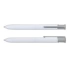 Two white ballpoint pens with silver clips, shown from the side on a white background.
