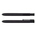 Two black ballpoint pens, one with the tip extended, one with the tip retracted.