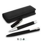 Black pen set with a case, including a capped pen and an uncapped pen with silver accents.