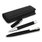 Two black pens and a black zippered case on a white background.