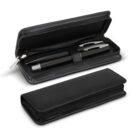Black pen case with zipper, one closed and one open showing a black pen inside.