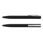 Two black ballpoint pens, one with the clip side up and one with the clip side down.