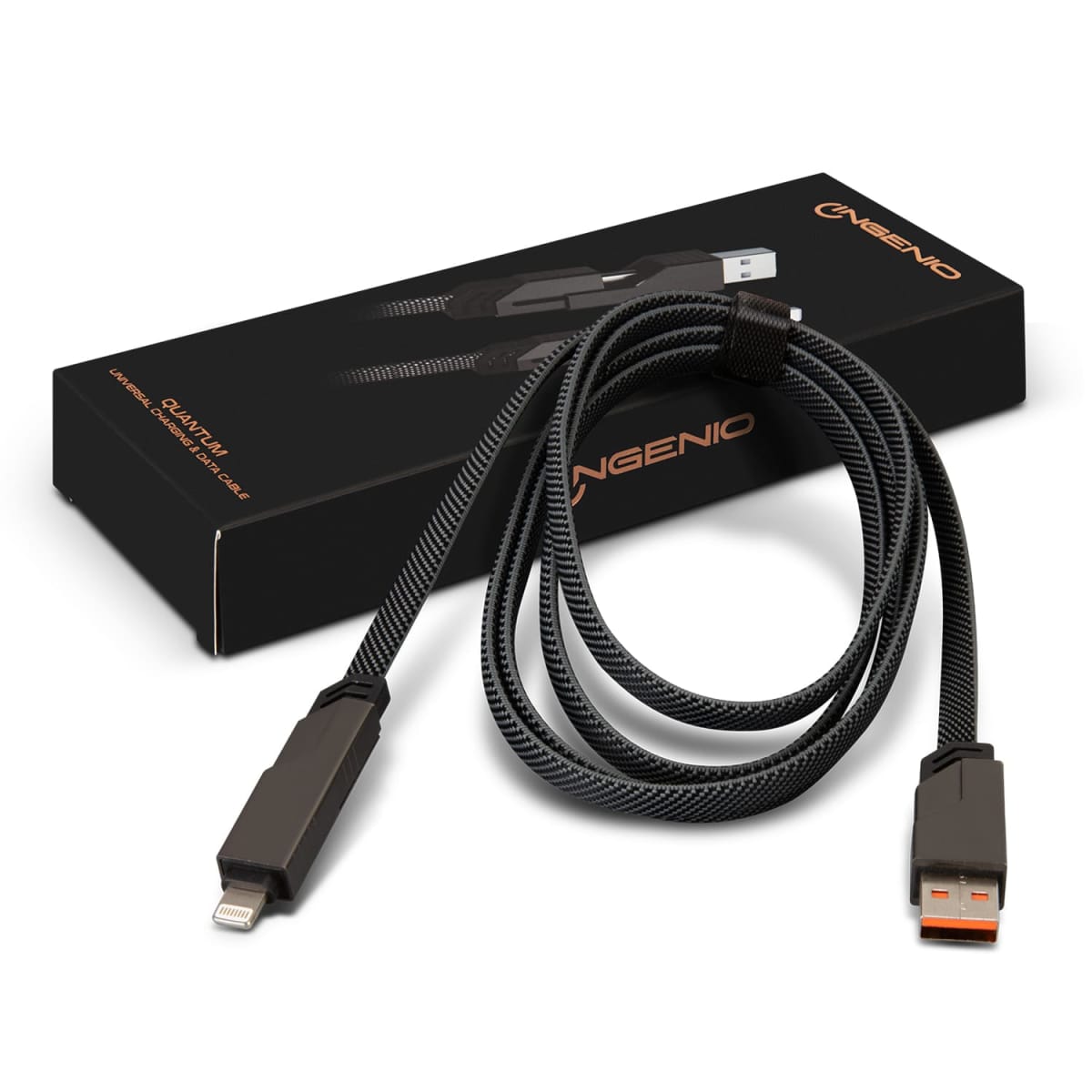Black braided USB to Lightning cable with box labeled ONGENIO in the background.