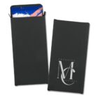 Two black card sleeves, one open with a colorful card inside, one closed with a silver logo.