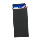 A black rectangular box with a partially visible card showing blue, pink, and white colors.