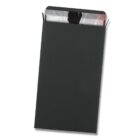 A black envelope with a silver card partially visible inside.