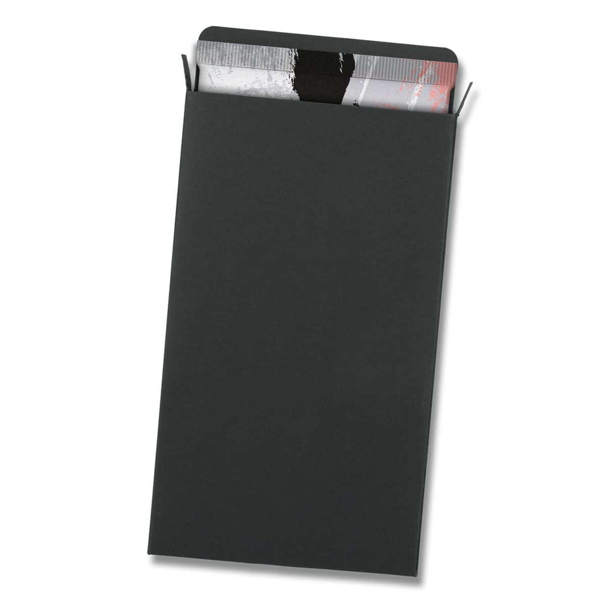 A black envelope with a silver card partially visible inside.